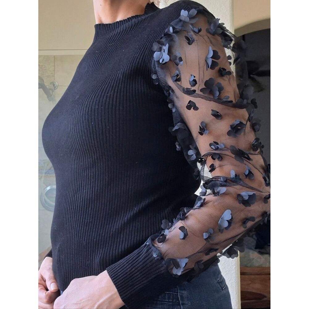 Almost Famous, Ribbed, Mock Sweater, with 3D Floral Mesh Sleeves - Picture 3 of 16